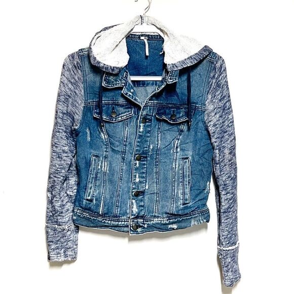 Free People Mixed Media Space Dye Knit Hooded Denim Jean Jacket Blue Size XS - Picture 4 of 10